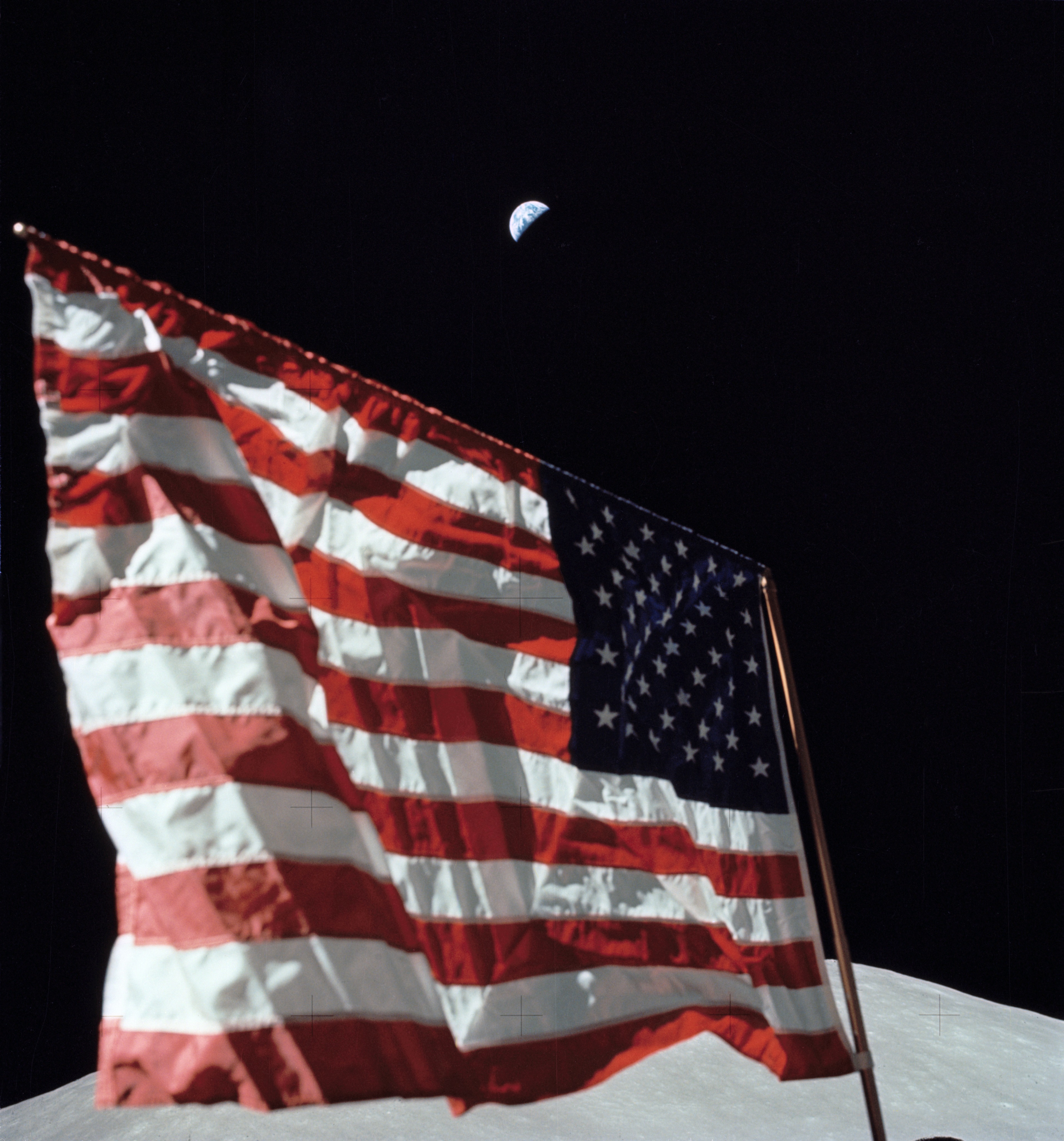  A close-up view of the U.S. flag deployed on the moon at the Taurus-Littrow landing site by the crewmen of the Apollo 17 